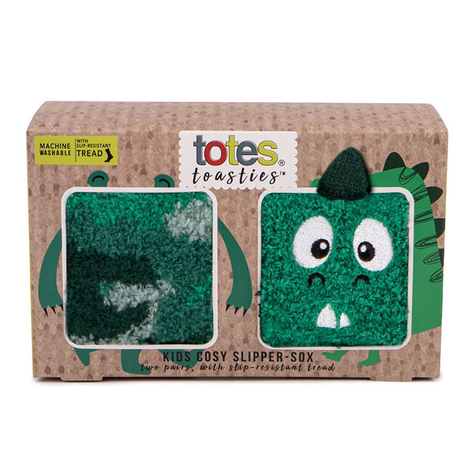 totes toasties Boys Supersoft Slipper Socks (Twin Pack) Green Dino Extra Image 1